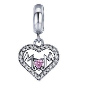 Pink Cubic Zirconia & Sterling Silver Heart 'Mom' Charm